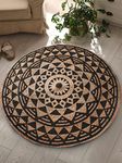 SASHAA WORLD Handwoven Black Symmetric Design Jute Rugs Round Braided Floor Carpet Mat for Living Room, Bedroom, Dining, Office, Restaurant (100 cms Round, Natural & Black Print)