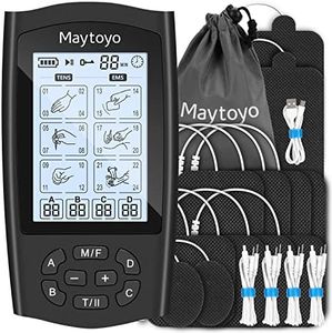Maytoyo 4 Channels TENS Unit EMS Device 24 Modes 30 Level Intensity Muscle Stimulator for Pain Relief Rechargeable TENS Machine Pulse Massager with 12 Pads Belt Clip Storage Bag