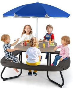 HONEY JOY Kids Picnic Table, 8 Person Toddler Outdoor Table and Chair Set, 4 Built-in Benches, Removable Umbrella, Metal Frame & HDPE Top, Children Outdoor Furniture for Backyard Patio Garden (Coffee)