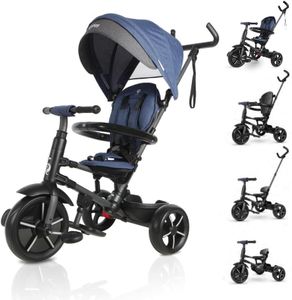 Q Play RITO 5 in 1 Folding Kids Tricycle Toddler Stroller Trike, for 10-72 Month Kids Bike Ride On Toy (Blue)
