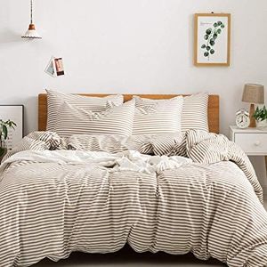 JELLYMONI 100% Natural Cotton 3pcs Striped Duvet Cover Sets,White Duvet Cover with Khaki Stripes Pattern Printed Comforter Cover,with Zipper Closure & Corner Ties(Queen Size)