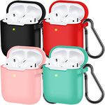 AirPods Case Cover with Keychain, Full Protective Silicone Skin Accessories for Women Men Girl with 4 Packs CompatibleApple AirPods 2 and 1 (Black+Red+Pink+Green)