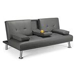 Convertible Futon Sofa Bed with Metal Legs & 2 Cupholders, Modern Faux Leather Upholstered Couch Loveseat Sleeper, Folding Couches,Sofa Couch