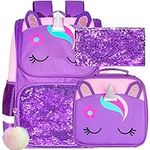 3PCS Unicorn Backpack,15"Girls Sequin Bookbag with Lunch Box,Purple Kids School Bag for Elementary Preschool Toddler