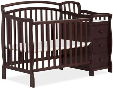 Dream On Me Casco 3-In-1 Mini Crib And Changing Table In Espresso, Convertible Crib, Made Of Pinewood, Three Position Adjustable Mattress Height Settings