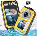 4K 11FT Underwater Camera Waterproof Camera with 32GB Card 56MP Autofocus Selfie Dual-Screen Cameras for Snorkeling Compact Digital Camera 1250mAh Battery (Yellow)