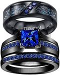 wedding ring set TWO RINGS His Hers Couples Rings Women's Black Gold Plated Blue Sapphire CZ Wedding Engagement Ring Bridal Sets & Men's Titanium Wedding Band, Crystal stone Metal, Cubic Zirconia