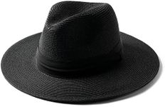 FURTALK Panama Hat Sun Hats for Women Men Wide Brim Fedora Straw Beach Hat UV UPF 80+ Black