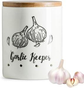 LYEOBOH Garlic Keeper, Garlic Storage, Garlic Holder, Large Ceramic Garlic Keeper with Wooden Lid, Garlic Jar, Garlic Storage Container, White