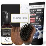 RUBAB MEN Complete Beard Grooming Kit (Pack of 4)- Beard Brush + Beard Oil + Face n Beard Wash + Pocket Comb for Men