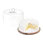 Navaris Marble & Acacia Cake Stand With Dome - Glass Dome And Marble Cake Plate, 11" x 7.5" (28 x 19.3cm)