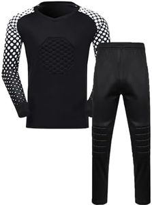 DRHOM Kids Boys Padded Goalkeeper Jersey and Pants Set Long Sleeves Goalie Soccer Shirt Training Uniform Activewear (Black, 15-16)