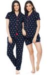 ZEYO Women's Cotton 3Pc's (Shirt+Pyjama+Shorts) Heart Printed Navy Blue Pajama Set/Night Suit 5357, Medium