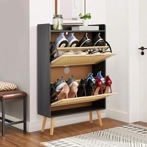 Shoe Cabinet with 2 Flip Drawers, Handwoven Natural Rattan Storage Organizer with 2-Tier Shelves, Narrow 9.25-Inch Depth Entryway Shoe Rack for Hallway, Porch, Closet, Living Room