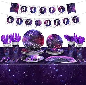171 Pcs Space Galaxy Party Tableware Set Galaxy Outer Space Theme Birthday Party Decoration Solar System Planet Paper Plates Napkins Tablecloth, Birthday Banner for 24 Guests Party Decor (Vivid Style)