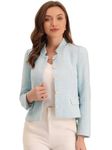 Allegra K Women's Plaid Tweed Blazer Long Sleeve Button Decor Work Office Crop Jacket Light Blue Large