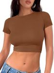 WYNNQUE Womens Crop Tops Cute Summer Scoop Neck Basic Tees Slim Fit Trendy Short Sleeve T Shirts for Teen Girls 2023, Brown-2, X-Large