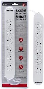 Surge Protector Power Strip with 2 USB Ports, 6 Outlets Powerboard with 1M Cable, Plugd Mountable Power Strip Flat Plug with Overload Protection, Reliable SAA Approved AU (6 Outlets+2 USB Ports)