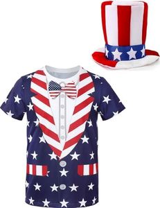 Funny World Mens Uncle Sam Costume American Flag Shirt Mens 4th of July Day Outfits with Patriotic Top Hat, Blue Costume Set, 4X-Large