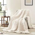 L'AGRATY Chunky Knit Blanket Throw,Soft Chenille Yarn Throw 50x60?Handmade Thick Cable Crochet Blanket,Large Yarn,Rope Knot for Couch Sofa Bed Home Decor Ivory