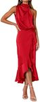 KIRUNDO Womens 2025 Summer Satin Mock Neck Wedding Guest Party Cocktail Midi Dress Sleeveless Wrap Ruffle Formal Dresses(Red, XX-Large)