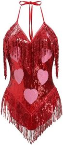 IMEKIS Pink Heart Bodysuit for Women: Valentines Day Outfit Photoshoot Rave Outfits Fringe Sparkle Party Music Festival Alien Space Cowgirl Adults Sexy Halloween Cosplay Concert Red Heart Small