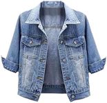 Locachy Womens 3/4 Sleeve Short Denim Jacket Lapel Button Down Cropped Trucker Jean Jackets Coats, Light Blue, Medium