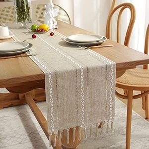 Yicorgard Farmhouse Table Runner Rustic Style 13“ x 72”, Braided Striped Linen Beige Table Runner 72 Inches Long with Tassels for Dining Room Kitchen Cream Dresser Décor,Khaki