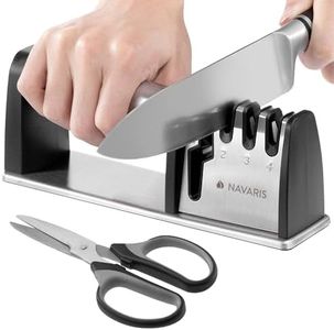 Navaris Affilacoltelli - Affila Coltelli Professionale in Acciaio Inossidabile - Affilatore per Lame e Forbici da Cucina - Affilatura a 3 Fasi con Base Ammortizzata