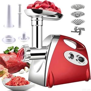BenRich 2800W Electric Meat Grinder, Meat Mincer with Sausage Stuffer & Kubbe Kit, Copper Motor, 3 Grinding Plates, Easy to Clean Heavy Duty Minching Machine for Home Kitchen Burger Beef Pet Food, Red