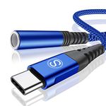 USB Type C to 3.5mm Jack Adapter 0.6ft, 1/8 Inch Headphone Jack Audio Aux Converter for iPhone 15 pro max, Samsung Galaxy S24 to S20 Plus/FE/Ultra,Note 20 10,A72 A71 A53,Tab S8, Pixel,iPad Pro-Blue