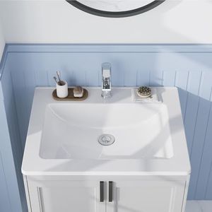 Semi-Recessed Bathroom Sink 21.26 × 17.72 Inch – Square White Ceramic Sink with Single Faucet Hole, Drop-In Vanity Sink,White Vanity Sink with Single Faucet Hole for Small Bathrooms