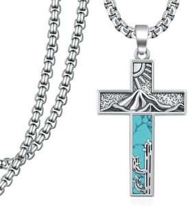 qielizhu Turquoise Cross Necklace 925 Sterling Silver Western Cactus Cross Pendant Necklaces for Men Women Vintage Native American Jewelry Gifts for Unisex, Sterling Silver, Turquoise