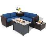 Tangkula 5-Piece Patio Furniture Set with 42 Inches Propane Fire Pit Table, Outdoor Wicker Conversation Set with Cushions, Storage Box and Coffee Table, 60,000 BTU Propane Fire Pit Table (Navy)