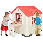 COSTWAY Kids Playhouse, Outdoor Cottage Pretend Play Center with Picnic Table, Food Toy Set, Working Doors & Windows, Indoor Playground Set for 3-8 Years Old (Pink)