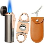 Futlidys 420 Carbon Steel 𝐂𝐮𝐭𝐭𝐞𝐫 and Lighter Set, Built-in 𝐏𝐮𝐧𝐜𝐡, Triple Jet Flame Butane Torch Lighter, Refillable Windproof Gas Lighter, Grey(Sold without Gas)