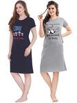 XOYA Printed Knee Length Night Dresses for Women/Cotton Nighty - Navy Grey 2 Pc Combo - S