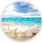 Queenshin Seashell Starfish Round Microfiber Beach Towels Oversized for Adults,Extra Large Circular Tassels Blanket Sandproof 150 cm Circle