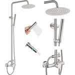 Midanya Outdoor Shower Fixture Set Brushed Nickel 8 Inch Rainfall Shower Head with 2 in 1 Cylinder Handheld Spray Wall Mount Adjustable Slide Bar SUS 304 Stainless Steel One Handle Shower Faucet