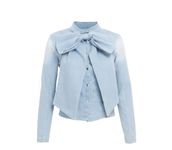 Women Denim Shirt Big Bow Stand Collar Long Sleeve Back Zipper Do Old Waist Blue Blouse Autumn, Lightblue, Medium