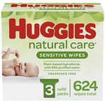 Baby Wipes, Huggies Natural Care Sensitive, UNSCENTED, Hypoallergenic, 3 Refill Packs, 624 Count