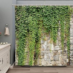 ZZYSKS Stone Brick Wall Shower Curtain Green Leaves Garden Landscape Nature Plant Scenery Rustic Marble Rocks Stone Wall Bathtub Curtains Fabric Bathroom Accessories with Hooks 70Wx70H Inch