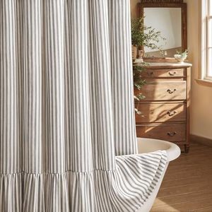 Farmhouse Shower Curtain Ruffle Linen Cream-Black Stripe 72"W x 72"L