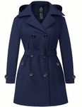 Wantdo Women's Plus Size Long Trench Coat Comfortable Rain jacket Double-Breasted Peacoat with Hood Navy Blue 3X