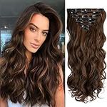 ZAIQUN Clip in Hair Extensions 7Pcs 16 Clips 24 Inch Wavy Curly Synthetic Hairpiece Dark Brown Mix Light Auburn Hair Extension Full Head Clip in on Double Weft Hair Extensions