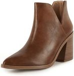 Kathemoi Womens Ankle Boots Slip on Cutout Pointed Toe Leopard Chunky Stacked Mid Heel Booties