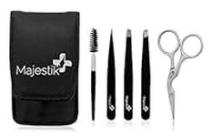 5Pcs Tweezers Set - Eyebrow Grooming Kit with Curved Stainless Steel Scissors, Spoolie Eyebrow Brush in Black Case - Eye brow Kit for Men and Women