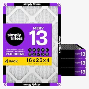 Simply 16x25x4 Air Filter, MERV 13, 4 Pack, Furnace Air Filter for HVAC (Actual Size: 16.5"x25.5"x3.63") DUST, Pet & Allergy Control