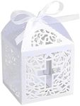 KAZIPA 50PCS Baptism Favor Boxes, 2.2''x2.2''x2.2''Laser Cut Favor Boxes with 50 Ribbons for Baby Shower Favors Baptism Decorations First Birthday Party (White)