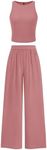 PRETTYGARDEN Womens Summer 2 Piece Sets Ribbed Knit Crew Neck Sleeveless Crop Tank Tops Wide Leg Pants Casual Lounge Set (Dusty Pink,Medium)